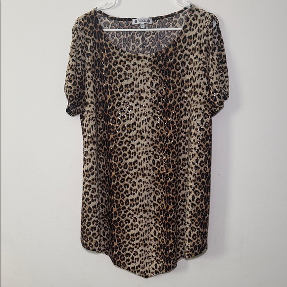 Wilde Tops - Wilde Women’s Leopard Print Sequin Open Short Sleeve Top Plus Size 2X